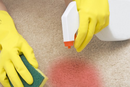 Carpet cleaning professional preparing equipment in a safe home setting