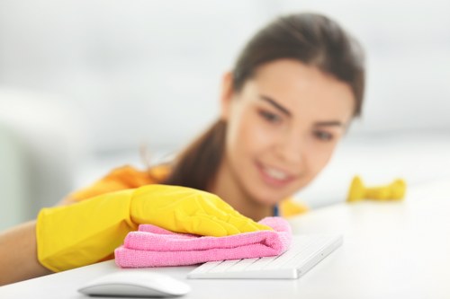 Trained cleaner inspecting carpet fibres before treatment